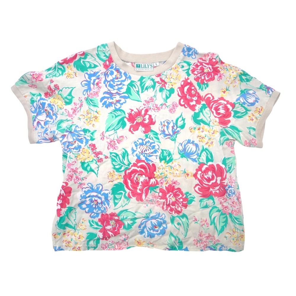 Vintage Lilys of Beverly Hills Floral Short Sleeve Top Cream Pink Blue Small